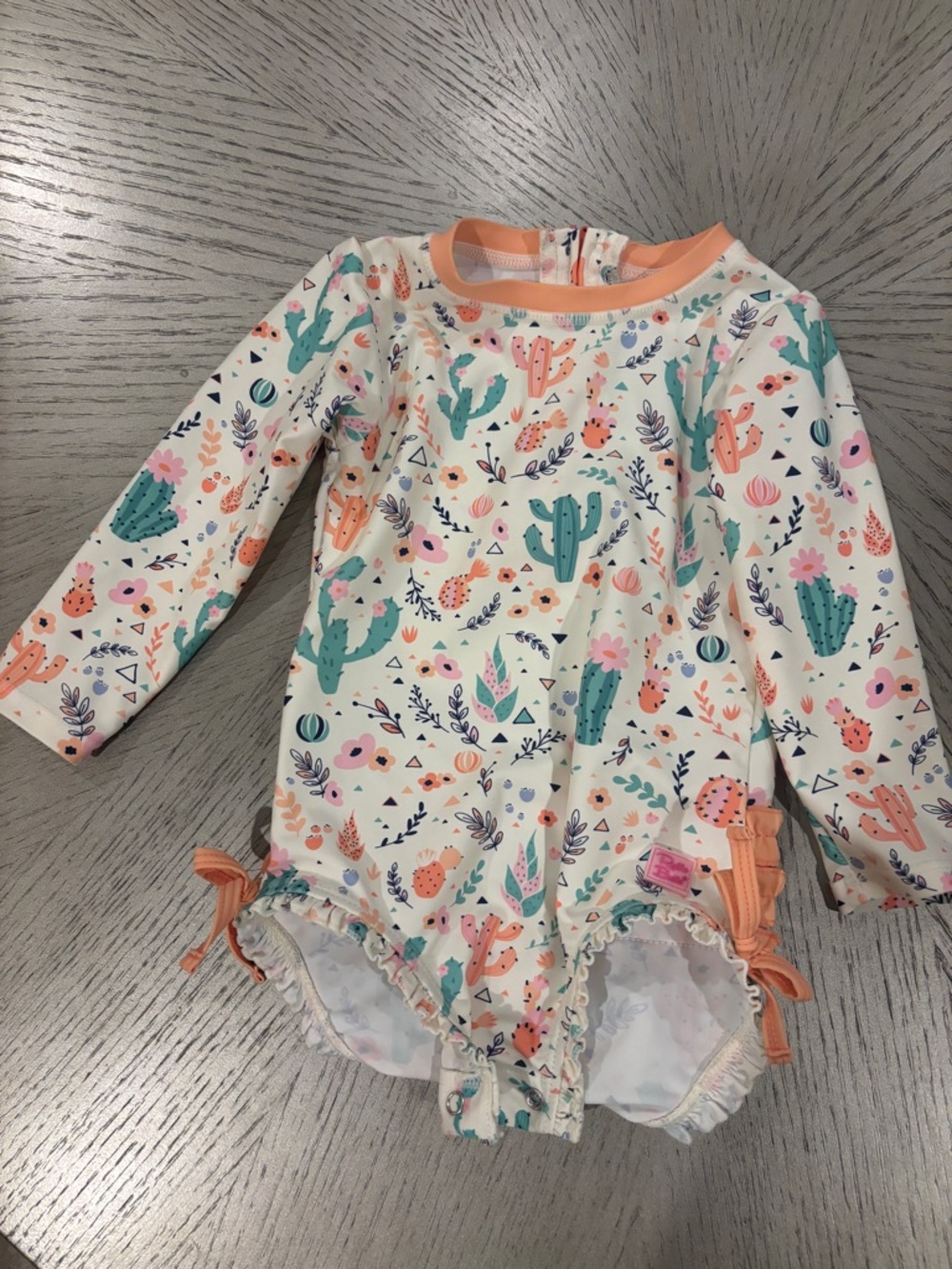 Ruffle Butts Coral-Trim Cactus Print Long-Sleeve Swimsuit